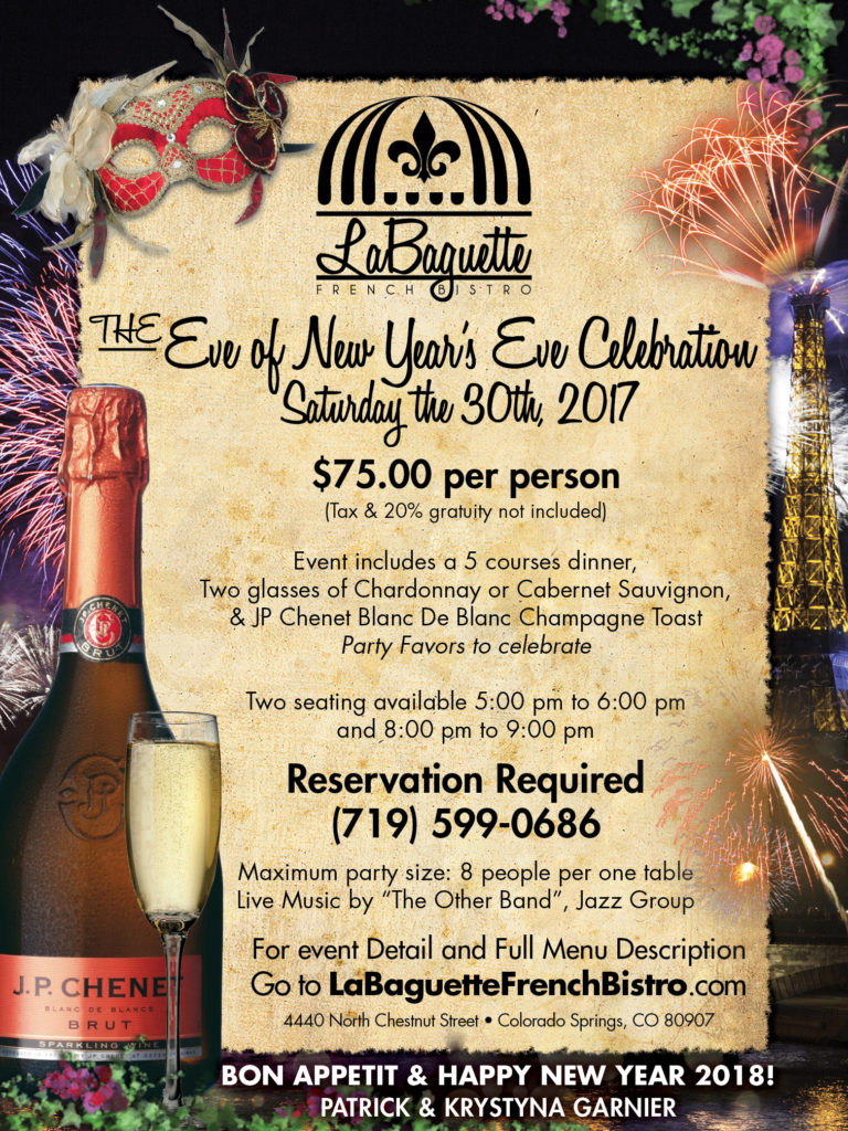 2017 New Years Eve Celebration Poster FINAL - La Baguette French Bistro | Colorado Springs